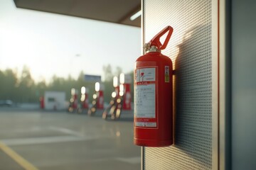 Bright Red Fire Extinguisher Mounted on Wall at Fuel Station with Pump Stations in the Background and Soft Morning Light Highlighting Safety Equipment in Urban Setting