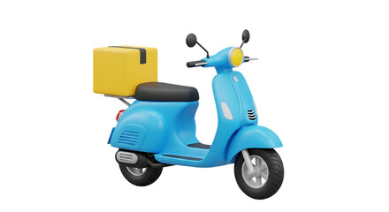 Obraz premium Bright blue scooter with yellow delivery box on black background