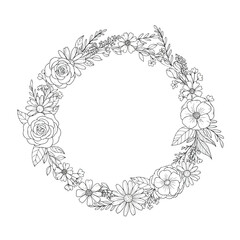 Handdrawn circular floral wreath with roses daisies and leaves in a black and white line art style.