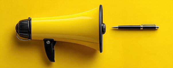 Yellow megaphone and pen on a bright yellow background
