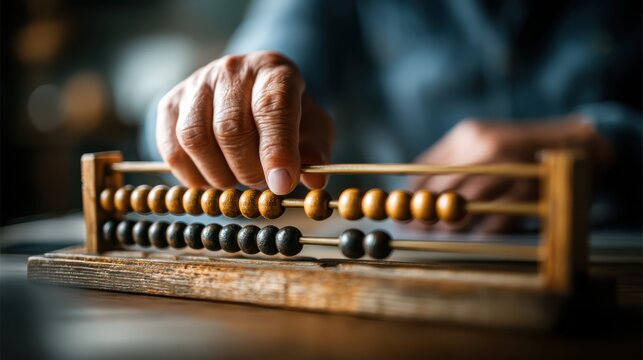 A hand operates an abacus with wooden beads, highlighting traditional counting methods in a focused, serene environment.