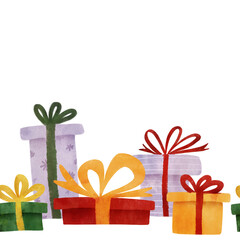 Watercolor gift boxes with colorful bows in red, green, gold, purple. Whimsical children's illustration for Christmas, holidays, birthdays, invitations, wrapping paper, kids' crafts, seamless border