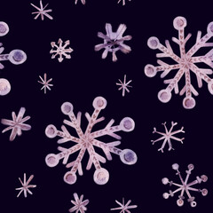 Watercolor snowflakes in lavender hues floating on midnight blue background. Seamless pattern for winter wonderland, Christmas, holidays. Children's illustration cards, fabrics, wallpapers, kids decor