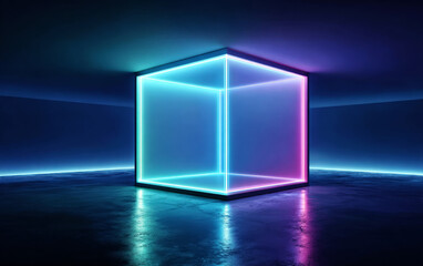 Neon lit cube with vibrant colors in a dark room