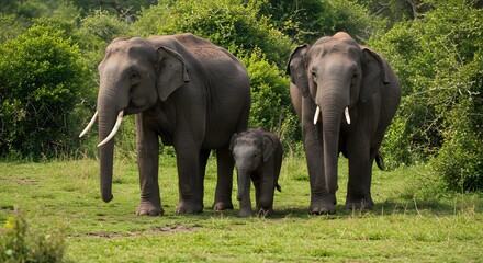 Asian elephants family outdoors