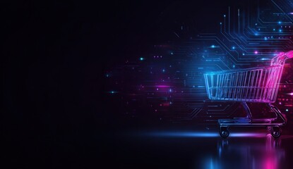 Digital shopping cart in neon glow