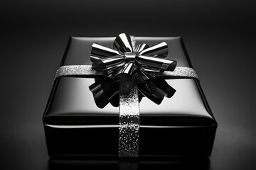 Elegant Black Gift Box with Silver Ribbon and Bow for Celebrations, Birthdays, and Special Occasions in a Minimalist Style on Dark Background