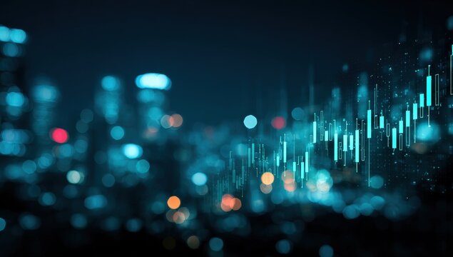 Abstract city skyline with financial chart overlay - Powered by Adobe