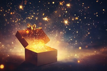 Enchanted Opening Gift Box with Radiant Light and Glimmering Sparkles in a Magical Night Setting for Celebratory Occasions and Special Moments