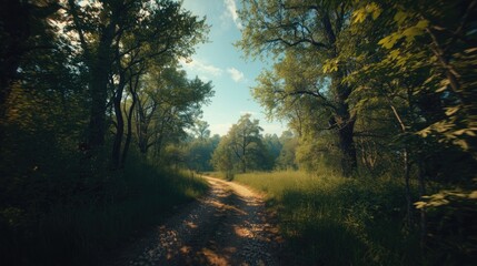 A sunlit forest path winds through verdant trees, dappled sunlight filtering through the leaves.