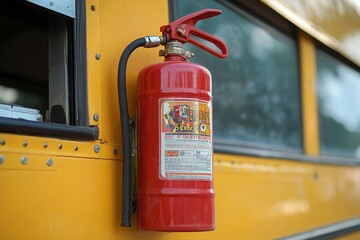 Fire Extinguisher Mounted on a Yellow School Bus, Emphasizing Safety Measures and Emergency Readiness in Transportation Vehicles