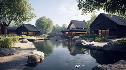 Obraz premium Tranquil Lakeside Retreat: Serene Wooden Cabins Nestled Amongst Lush Greenery