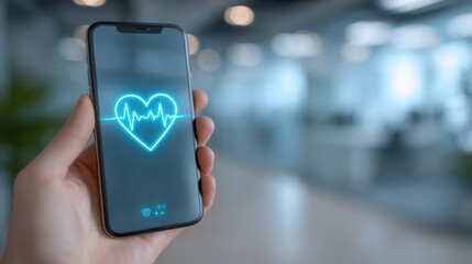 A hand holds a smartphone displaying a glowing heart and heartbeat graph, symbolizing health monitoring and technology.