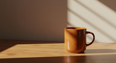 Warm Amber Mug Bathed in Sunlight on a Wooden Surface, Creating a Cozy Atmosphere
