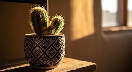 Cactus in Decorative Pot Bathed in Warm Sunlight.
