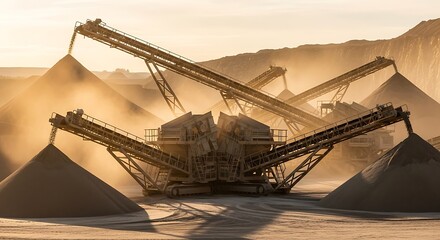 Industrial quarry machinery processing aggregate at sunset