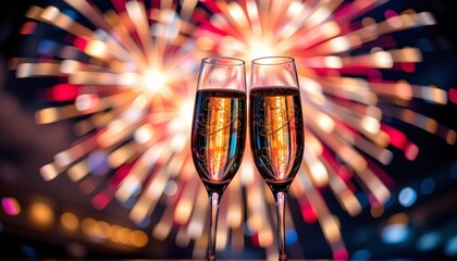 a festive nighttime scene featuring two champagne flutes filled with sparkling liquid, likely champagne, positioned in the center against a backdrop of vibrant fireworks