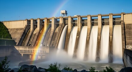 Majestic Dam Waterfalls with Rainbow Under Clear Blue Sky