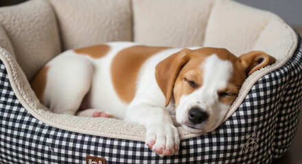 Adorable beagle puppy peacefully sleeping in a cozy, plush dog bed