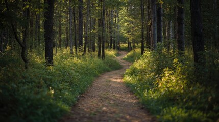 Obraz premium A winding dirt path meanders through a lush green forest, bathed in the soft sunlight of a summer afternoon.