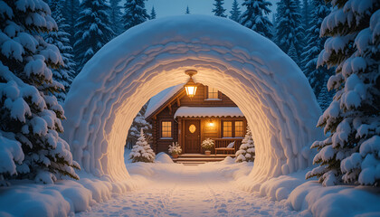 Cozy wooden house inside snow igloo glowing warmly on winter night