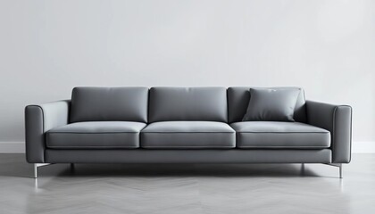 Fototapeta premium Sleek gray fabric sofa, clean lines, minimalist design, white background, stylish living