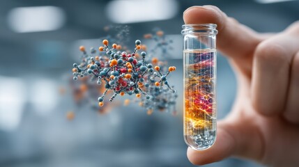 A hand holds a glowing test tube with a colorful liquid, while molecules float nearby, illustrating a scientific concept or innovation.