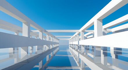 Fototapeta premium Modern White Architecture Reflecting in Water Under Clear Blue Sky
