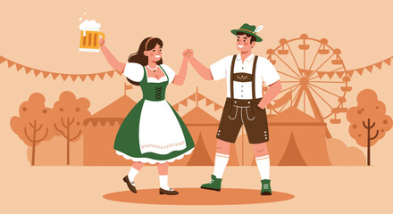 A vibrant flat design illustration of a happy Bavarian couple in traditional attire, dancing together amidst the festive atmosphere of Oktoberfest
