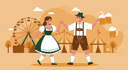 A vibrant flat design illustration of a happy Bavarian couple in traditional attire, dancing together amidst the festive atmosphere of Oktoberfest