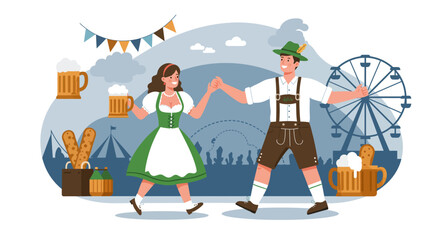 Naklejka premium A vibrant flat design illustration of a happy Bavarian couple in traditional attire, dancing together amidst the festive atmosphere of Oktoberfest