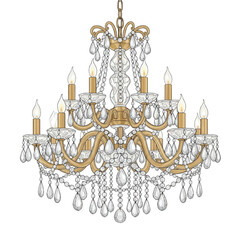 A grand, ornate gold chandelier with multiple arms and sparkling crystal teardrops, featuring candle-style lights, on a white background.