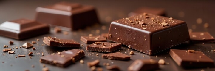 Shattered dark chocolate pieces, rich brown hues, glossy surface, bitter, cocoa, brown
