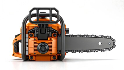 Orange chainsaw front view isolated on white background, professional cutting equipment for forestry and woodwork

