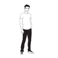 Handsome Man Black and White Illustration Vector Image Male Portrait Fashion Sketch Line Art Design	