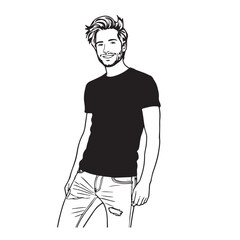 Handsome Man Black and White Illustration Vector Image Male Portrait Fashion Sketch Line Art Design	