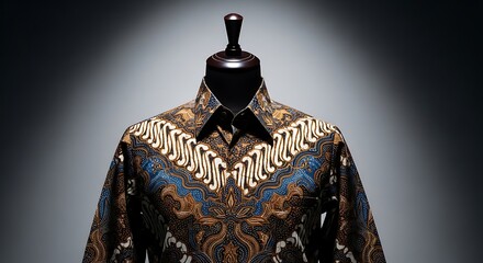 Elegant Batik Shirt on Mannequin Displayed Against a Dark Backdrop.