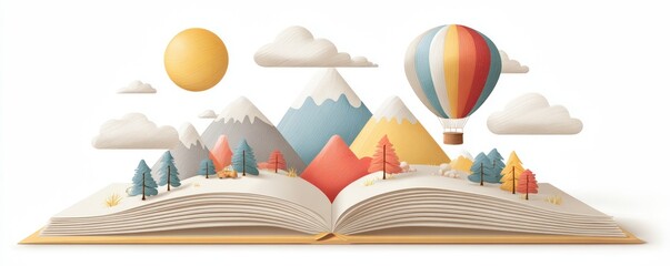 Open book with 3D landscape illustration