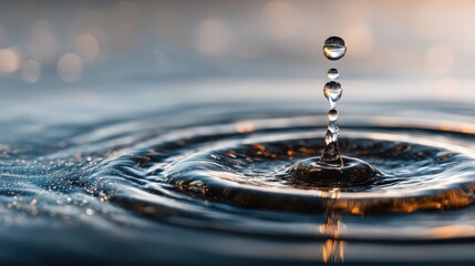 A close-up image capturing water droplets creating ripples, showcasing the beauty of fluid motion and light reflections.