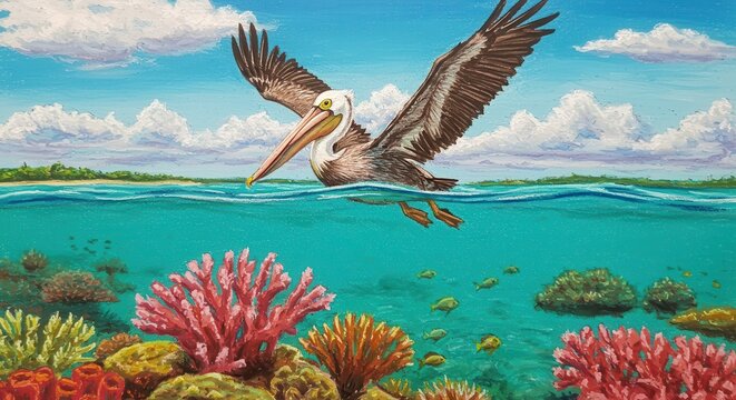 A pelican soars above a vibrant coral reef, showcasing a breathtaking underwater scene painted with bright colors and a joyful atmosphere.