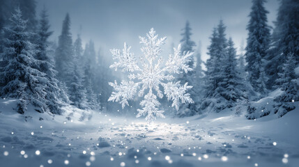 Obraz premium Merry Christmas card design with glowing snowflake border and fir trees in snowy landscape with empty center