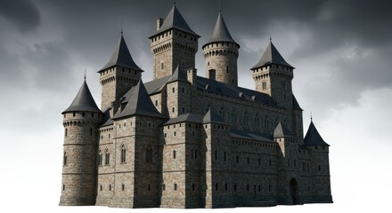 Fototapeta premium A massive stone fortress, featuring imposing towers and dark gray roofing, stands imposingly against a dramatic cloudy sky.