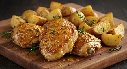 Golden Roasted Chicken Thighs and Potatoes on Wooden Board Delicious Meal