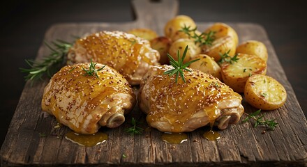 Roasted Chicken Thighs with Golden Glaze and Potatoes on Rustic Wooden Board