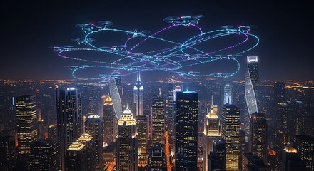 Spectacular Drone Light Show Illuminating the Dubai Skyline at Night.