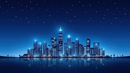 A modern metropolis glows brightly at night, reflected in a calm body of water, under a starry sky.