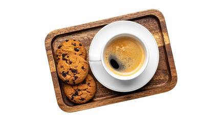 A Cup of Coffee and Cookies on Wooden Tray, Isolated on Transparent Background, Top View
