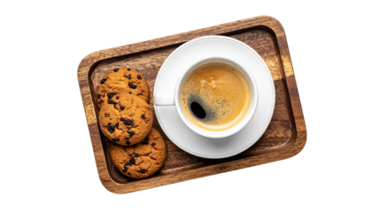 A Cup of Coffee and Cookies on Wooden Tray, Isolated on Transparent Background, Top View