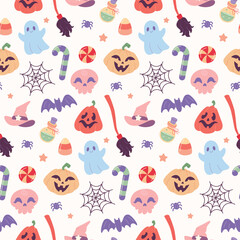 Halloween seamless pattern with spooky elements, pumpkins, ghosts, candies, skulls, spider web, bats