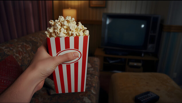 Hand holding a striped popcorn box, watching TV in a cozy living room.